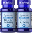 Puritan's Pride Premium Ultra Mega Biotin 10.000mcg, Nahrungsergänzungsmittel für gesundes Haar, Haut, Nägel und Energie Metabolismus-Unterstützung, 100 Tage Versorgung, 50 Rapid Release Softgels, 2 Pack