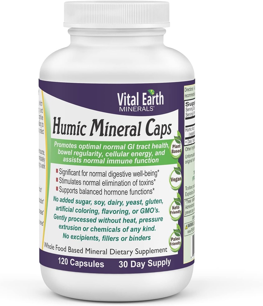 Vital Earth Minerals Humic Minerals Capsules - 70+ Trace Minerals with Naturally Occurring Fulvic Acid, Alkalizing Mineral Supplement for Detox, Gut Health, Wellness, 120 Count