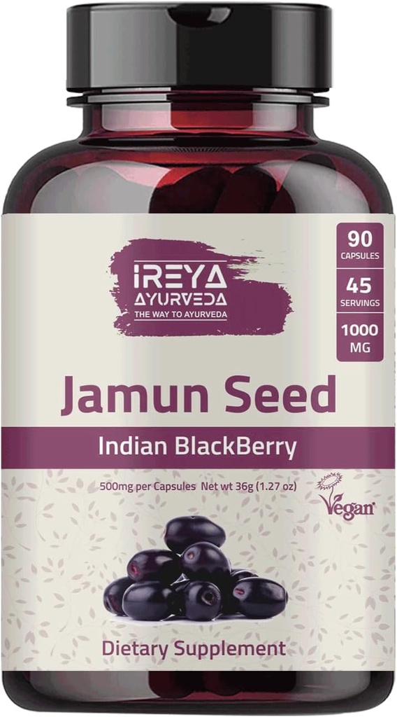 Jamun Seed 1000mg (90 Kapseln) - Indian BlackBerry (Eugenia Jambolana) Ayurvedic Herb, 45-Day Supply