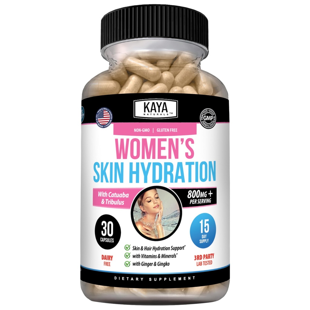 Kaya Naturals Vitamines d'hydratation de la peau - Pilules femelles - Capsules d'amélioration de la peau - Booster d'hydratation pour les femmes - favorise l'augmentation de l'énergie, de l'humeur et de l'endurance - Réduction de la sécheresse - 30 Capsules de Véggie
