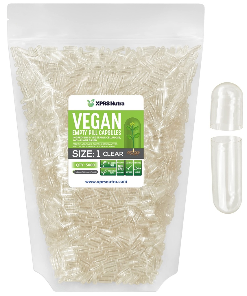 XPRS Nutra Taille 1 Capsules vides - 5000 Compter Capsules vides vides Vegan - Pilules végétariennes - Bricolage Capsules végétales Remplissage- Bouchons de pilules pour Do-It-Youlf Suppléments