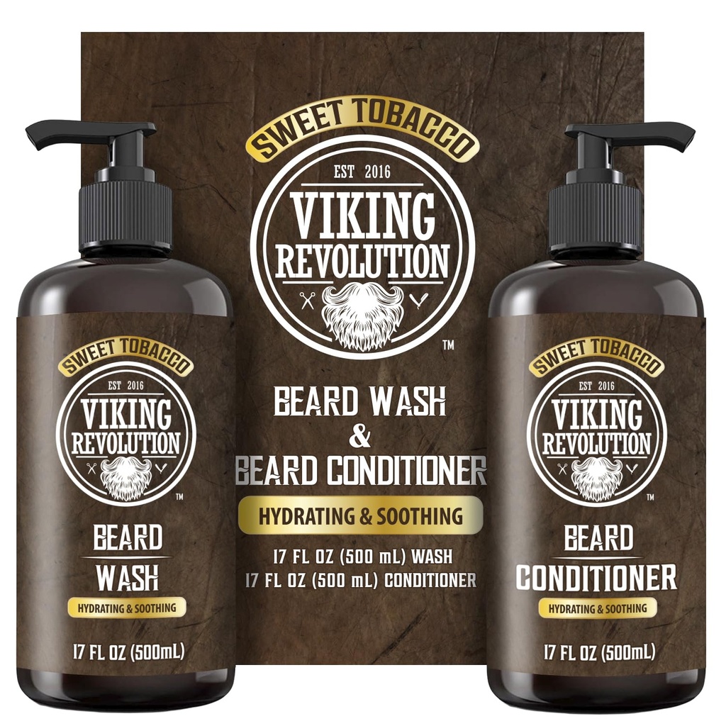 Viking Revolution Bart Wash and Beard Conditioner für Männer mit Argan Öl und Jojoba Öl - Bart Weichmacher und Stärkung Bart Pflege Bart Shampoo und Conditioner mit Bartöl (17oz, Sweet Tobacco)
