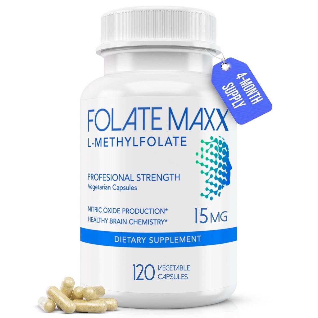 FolateMaxx L-méthylfolate 15mg, 120 Capsules – Supplément de folate de méthyle formulé par le médecin pour les femmes et les hommes – High Potency 5-MTHF for Energy, Mood & Focus – Non-OGM, sans gluten (4-Meth Supply)