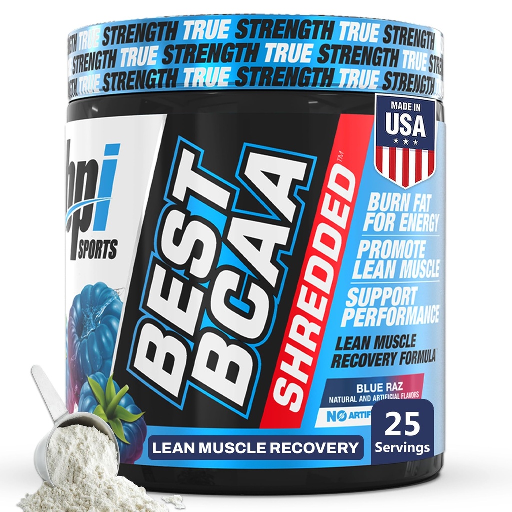BPI Sports Best BCAA Shredded - Caffeine Free Thermogenic Recovery Drink, Lean Muscle Building BCAA Pulver für Frauen und Männer, Preworkout BCAAs Amino Acids Drink- Blue Raz - 25 Portionen