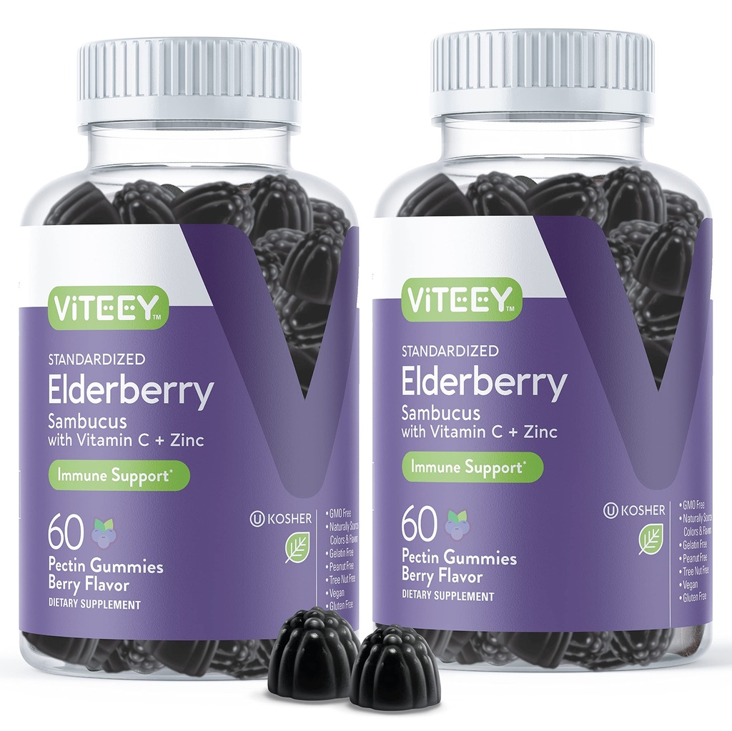 Viteey Sambucus Elderberry Gummies für Erwachsene – Elderberry Vitamin C und Zink Immunität Gummis - Vegan, Glutenfrei – 120 Count