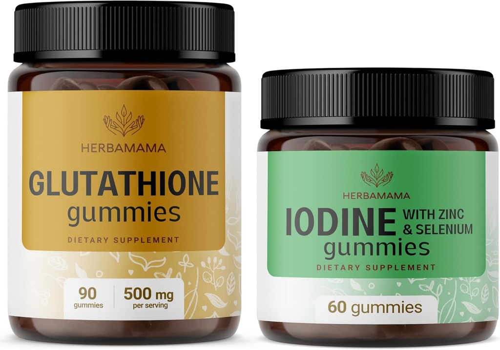 HERBAMAMA Glutathione und Iodine Kit - Bundle von 500 mg Reduzierte L-Glutathione & Kalium-Iodine-Gummi - Vegan, Non-GMO, Gelatin-Free - 2 Pack