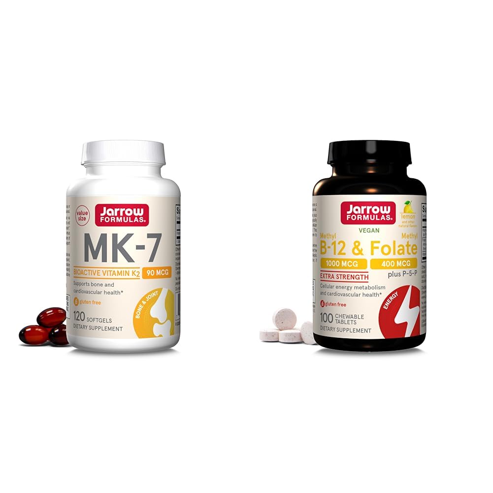 Jarrow Formulas MK7, fördert Knochengesundheit, 90 mcg, 120 Softgels & Extra Strength Methyl B-12 1000 mcg & Methyl Folate 400 mcg + P-5-P, Diät