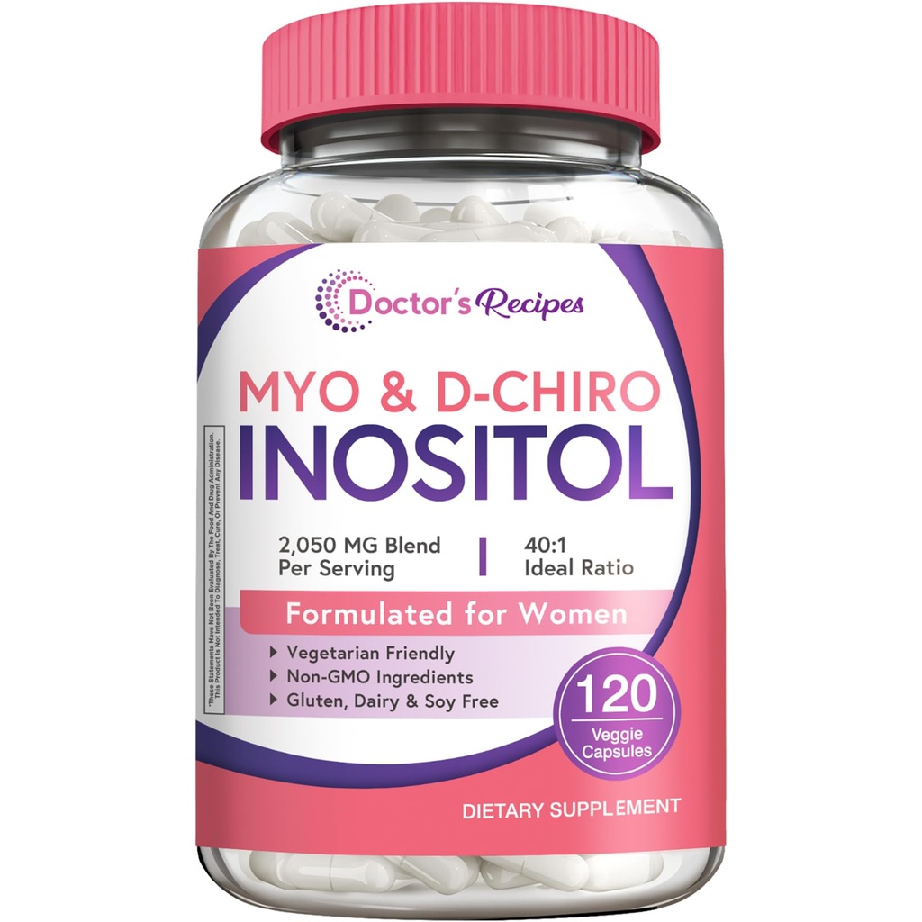 Recettes de docteur Inositol Supplément, Myo-Inositol et D-Chiro Inositol Capsules 2050mg par portion, Idéal 40:1 Mélange, Hormone Balance pour les femmes, Ovarian Function & Fertility Support, 120 Caps végétaliens