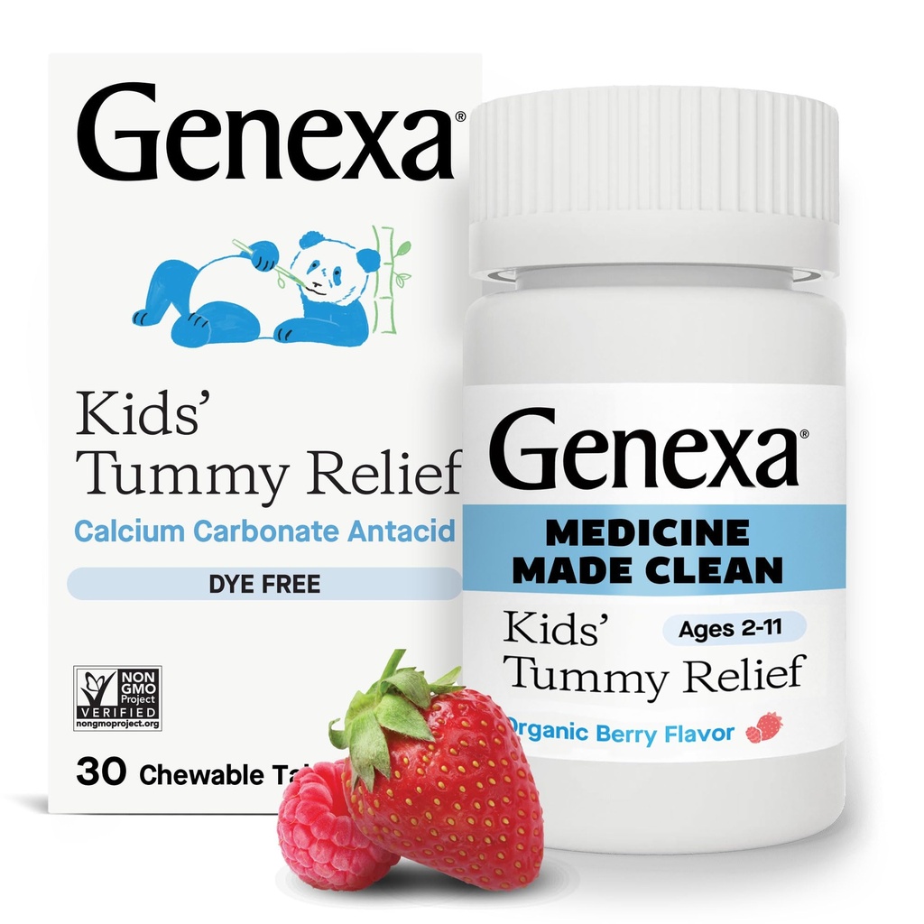 Genexa Kids’ Clean Dye Free Tummy Relief | Heartburn, Acid Indigestion, Sour Stomach Chewable Antacid | 0% Künstliche Additive, Kinder Calciumcarbonat, Bio Berry Flavor, 30ct