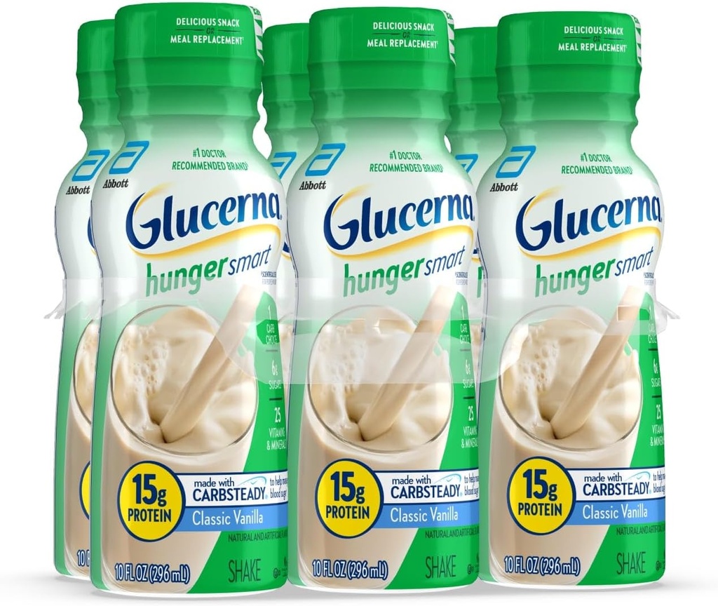 Glucerna Hunger Smart Diabetes Care Shake, Classic Vanilla, Diabetic Meal Ersatz zur Unterstützung von Blutzucker-Management, 15g Protein, 180 Kalorien, bereit zu trinken, 10-Flügel-Nutzen-Flasche, 6 Pack