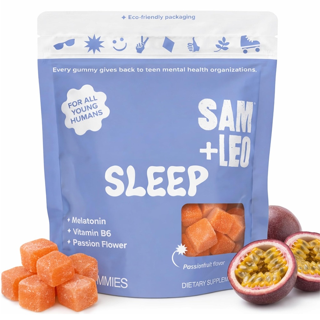 SAM+LEO Gummies de sommeil pour les enfants et les adolescents avec la mélatonine, la fleur de passion et la vitamine B6 - Gummies d'aide au sommeil doux pour le sommeil reposant.