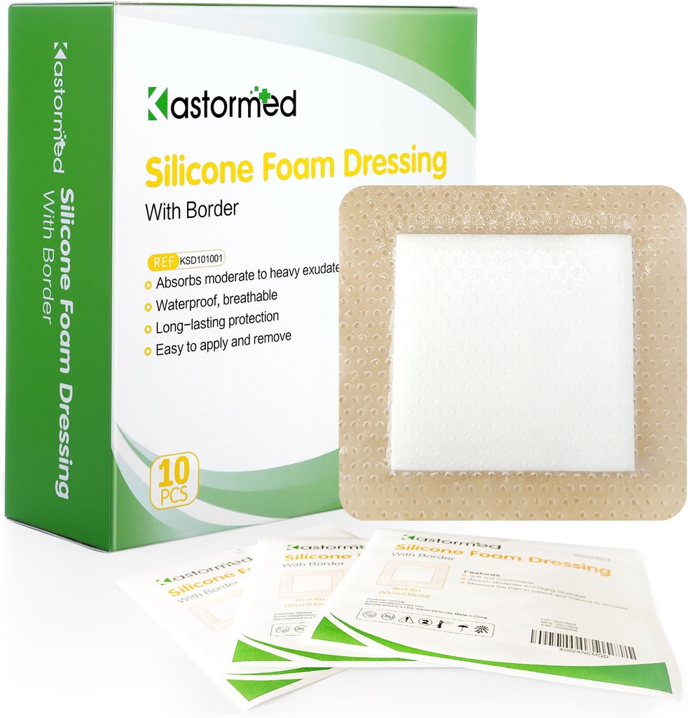 kastormed Silikon Adhesive Foam Dressing mit gentle Border 4''x4''' 10 Pack, High Absorbency Foam Wound Bandage für Bed Sore, Leg Ulcer, Diabetic Ulcer