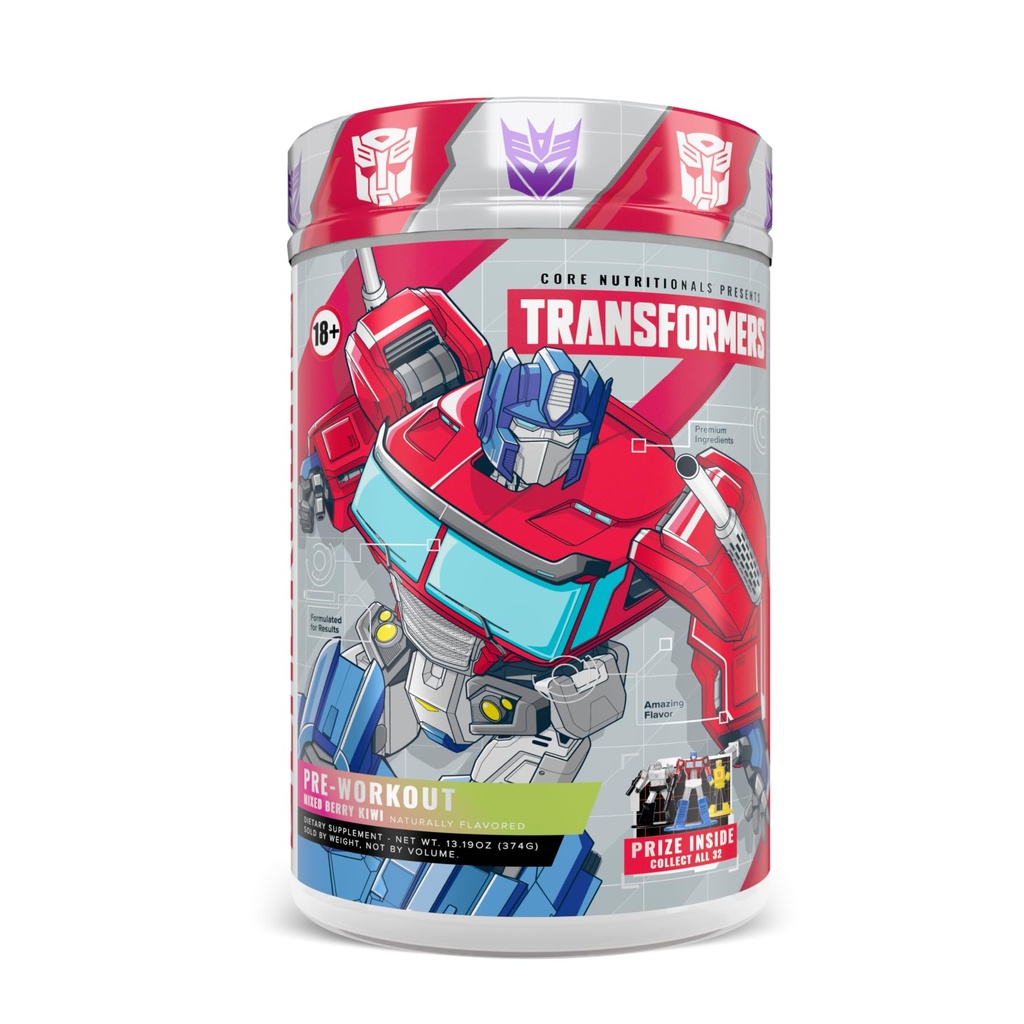 Core Nutritionals Transformateurs Energon Pré-entraînement (300mg Paraxanthine) Pas de Crash Energy & Focus (Prix gratuit à l'intérieur - Optimus Prime) 20 portions (Mixed Berry Kiwi)