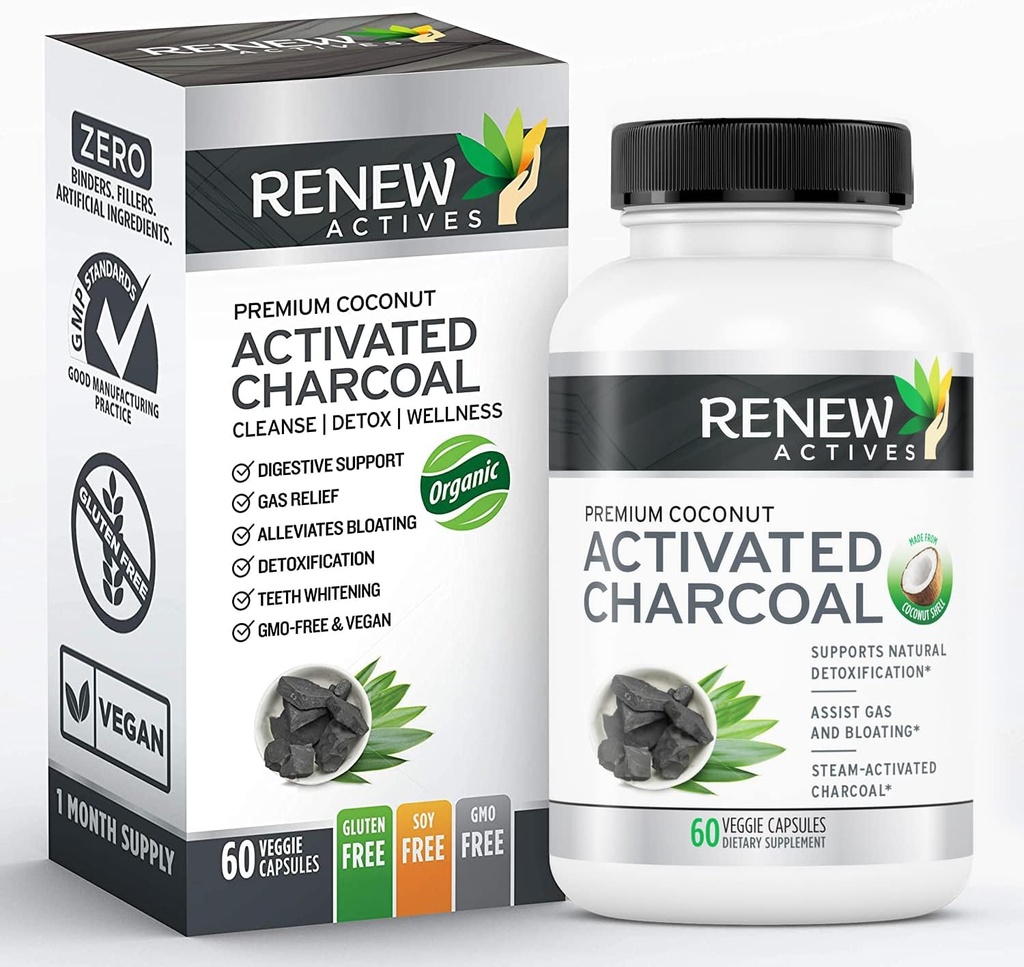 Renew Actives Activated Charcoal Supplement 1100MG pro 2 Kapseln - Verdauungsunterstützung & Teeth Whitening Formel, keine künstlichen Inhaltsstoffe - Made in Canada - 60 Kapseln