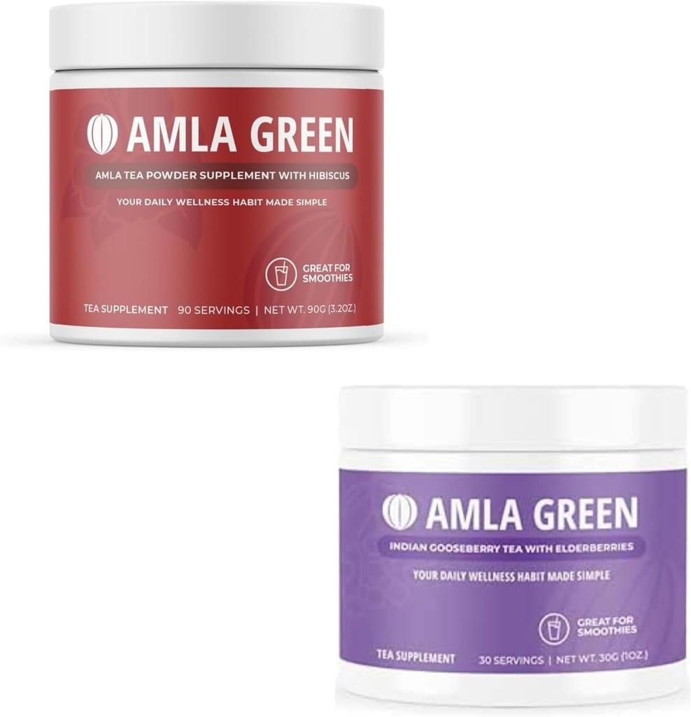 Amla Powder & Green Tea Superfood Supplement, Antioxidans Support, Hergestellt mit Hibiscus (90 Portionen) &Elderberries (30 Portionen), Bio, Vegan