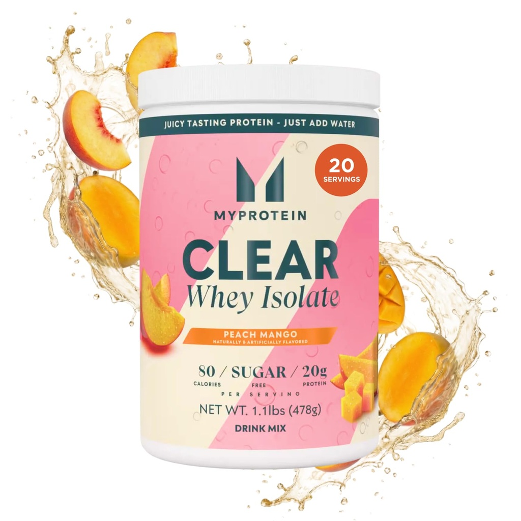 Myprotéine Clear Whey Isolate Protein Powder, 1,1 Lb (20 portions) Peach Mango, 20g de protéines par portion, Mélange de boissons naturellement aromatisées, Apport quotidien de protéines pour une performance supérieure