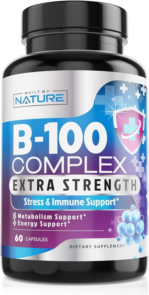 Vitamin B-Komplex - Alle B Vitamine B1, B2, B3, B5, B6, B7, B9, B12, Folsäure, Vitamin C - Super B-100 Supplement - Immun-, Energie- und Stoffwechselunterstützung, Vegan, Non-GMO, Glutenfrei, 60 Kapseln
