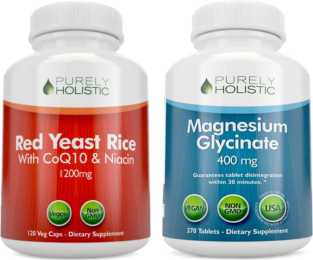 Purely Holistic Red Yeast Rice 1200mg with CoQ10 & Niacin + Magnesium Glycinate 400mg - 120 Capsules + 270 Tablets - Made in USA