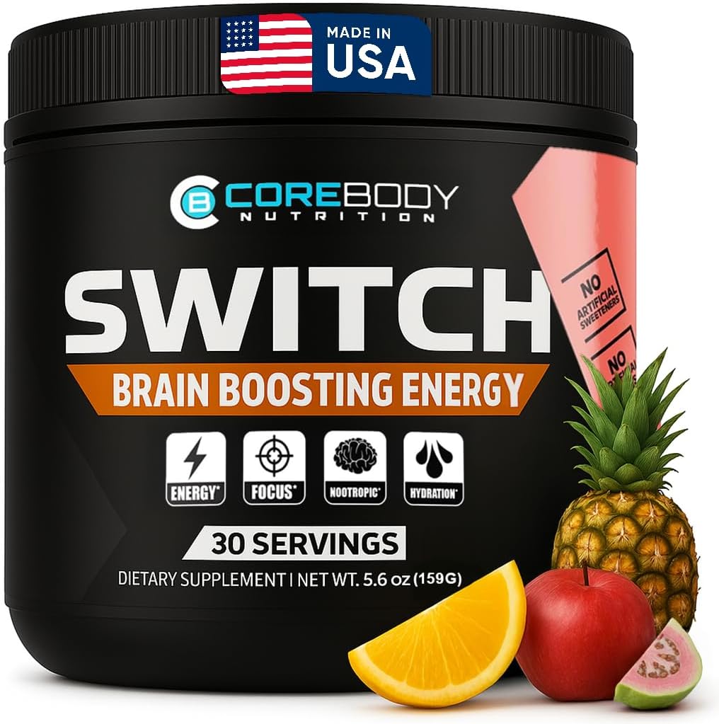 CoreBody Switch Energy Drink Mix -Nootropics Brain Support Supplement für Memory & Focus, Sugar Free Energy Booster mit Nootropics, Alpha GPC, All Day Focus* (Tropical Punch)