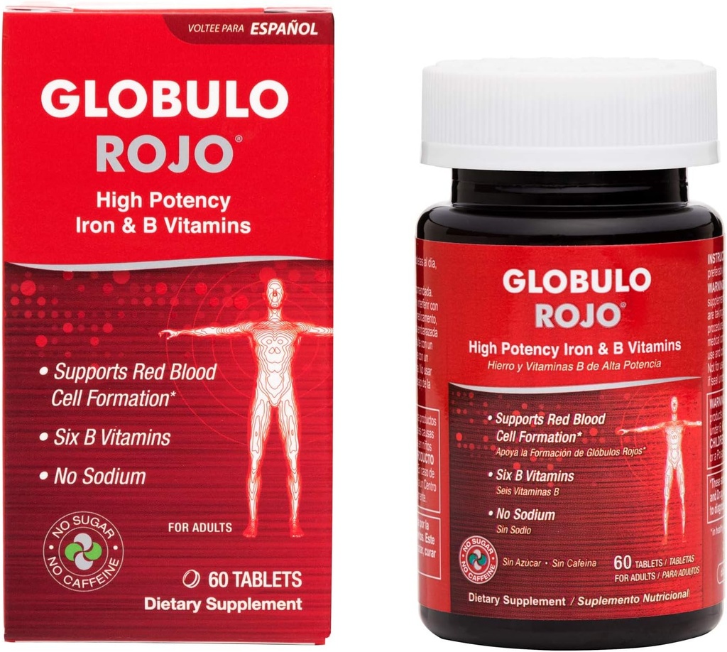 Globulo Rojo Iron Supplement - Dietary Supplement Pills with High Potency Iron & B Vitamins, 60 Tablets