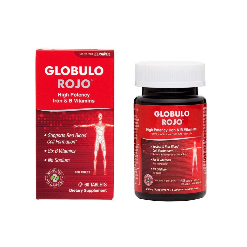 Supplément de fer Globulo Rojo - Pilules de supplément alimentaire avec des vitamines de fer et B de haute puissance, 60 comprimés