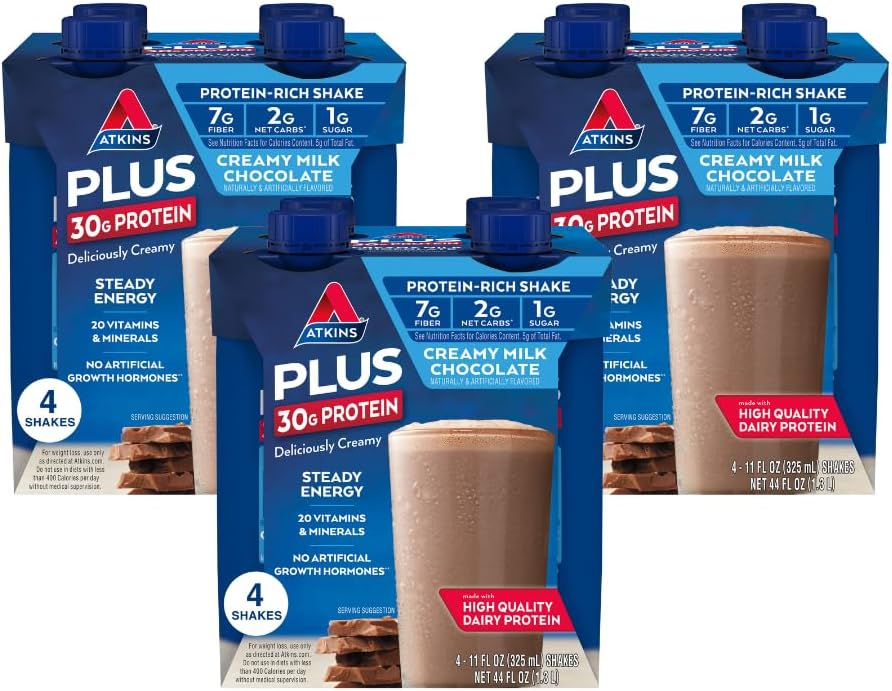 Atkins lait crémeux chocolat PLUS protéinée agitée, 30g de protéines, 7g de fibre, 2g de glucides nets, 1g de sucre, Keto Friendly, faible teneur en glucides, boisson riche en protéines, 12 Compte