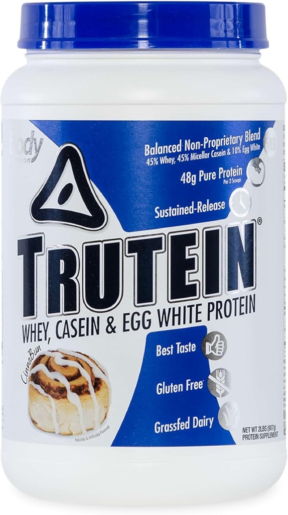 Body Nutrition Trutein High Protein Powder: 45% Whey, 45% Casein, 10% Egg White Protein Shake Mix, Glutenfrei, Low Sodium, Low Carb Protein Supplement Powder für Männer & Frauen, Cinnabun, 2lb