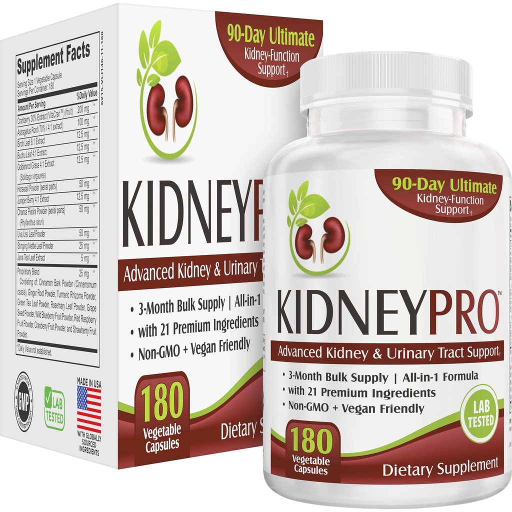 Nieren-PRO | 3-Monats-Versorgung mit 21 Nieren-Gesundheits-Ergänzungen | All-in-1 Blend | Nieren & Harnwege-Supplement | 90-Day Bulk Supply | 180 Kapseln