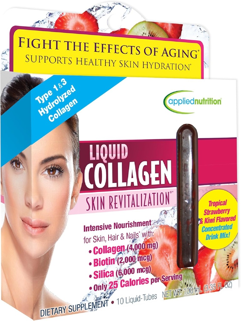 Nutrition appliquée Revitalisation de la peau de collagène liquide - 10 tubes liquides - Collagène, Biotine et Silice - Fraise tropicale et parfum Kiwi - 10 portions