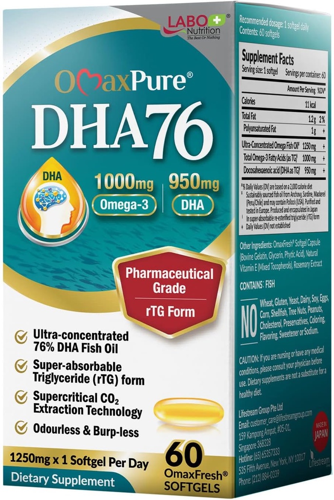 LABO Nutrition OmaxPure DHA76 Omega 3 Fischöl, Ultra-Concentrated 76% 950mg DHA, EPA, 60 Count, Pharmaceutical Grade, Superkritisches CO2 extrahiertes rTG-Formular, für Herz, Gelenk, Gehirn & Immungesundheit