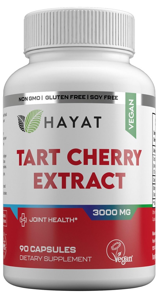 HAYAT Vitamine Vegan Natürliche Tart Cherry Extrakt 3000 MG, 3 Monate Versorgung, Potent 10:1 Extrakt, Alle natürlichen, zertifizierten Halal, 90 Kapseln,