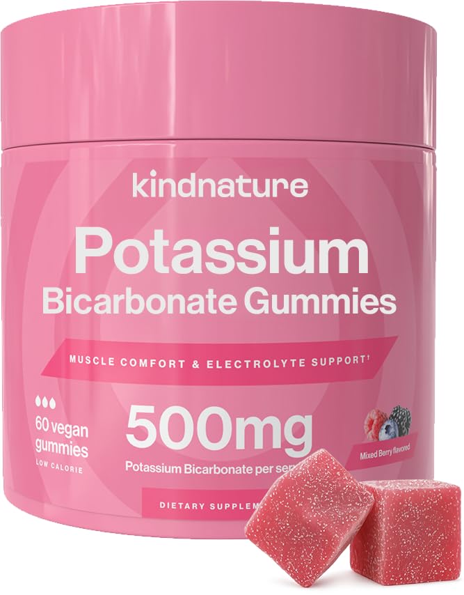 KINDNATURE High Potassium Supplement Gummi 500mg - Kaubar für Erwachsene & Kinder - Pure Kalium Bicarbonat Mineral Supplement - Vegan, Glutenfrei, Non GMO - 60 Gummi (30 Tage Versorgung)
