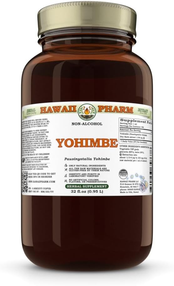 Yohimbe (Pausinystalia Yohimbe) Dry Bark Glycerite, Made in Hawaii, All Natural, Vegan, Lab Tested Alcohol Free Liquid Extract - 32 fl.oz