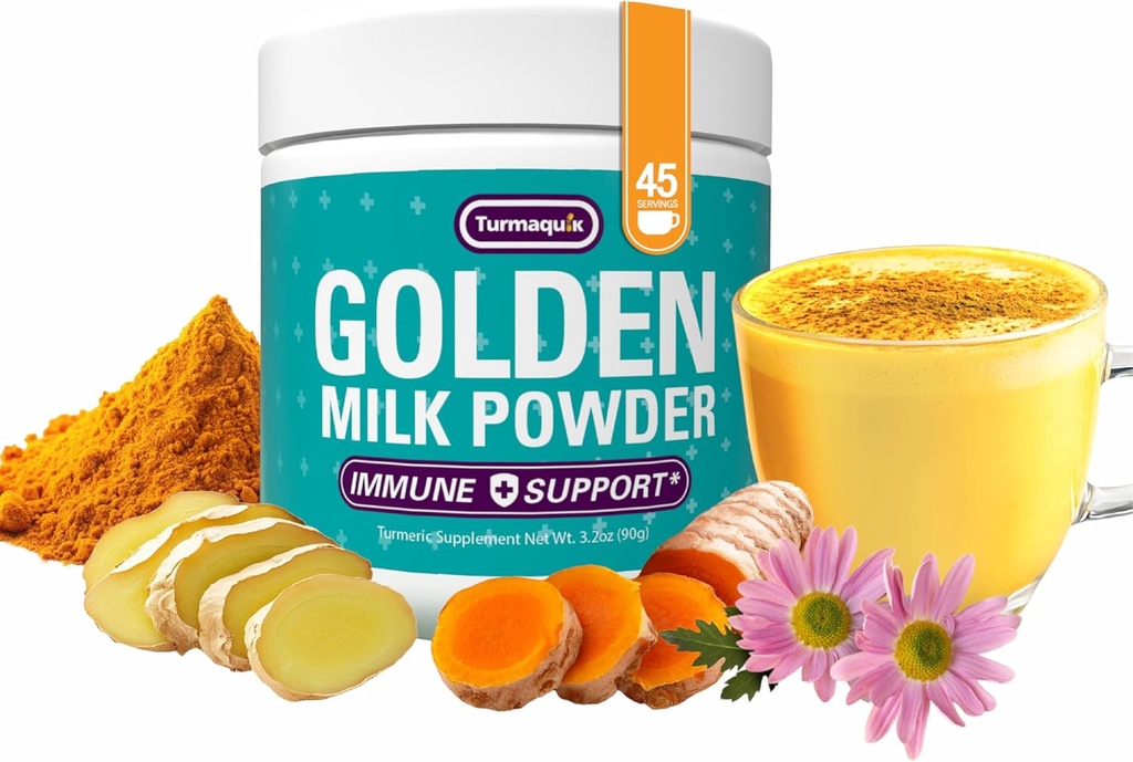 Turmaquik 3.2 Poudre de curcuma de lait d'or biologique – crème de soutien immunitaire Mélange superalimentaire avec gingembre, poivre noir, curcumine, cannelle, cardamome, vitamines C, D, B6, B12 et zinc