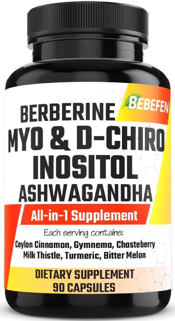 Myo-Inositol & D-Chiro Inositol Kapseln mit Ashwagandha, Berberine, Cinnamon, Gymnema, Chasteberry, Milk Thistle, Turmeric, Bitter Melon - 90 Kapseln