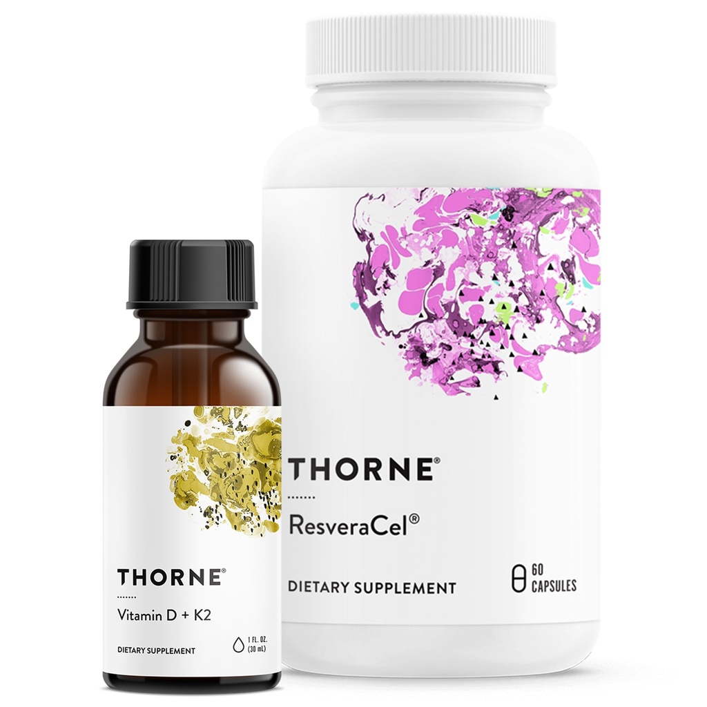 THORNE - Ensemble de soutien cellulaire - Vitamine D + K2 Liquide et resveraCel - Soutenir les os, les muscles et le vieillissement sains
