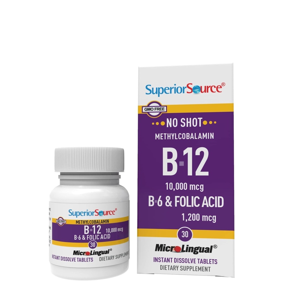 Überlegene Quelle Kein Schuß Vitamin B-12 Methylcobalamin 10000 mcg, B-6 & Folsäure 1200 mcg - Unterstützt Gehirn & Herzgesundheit - Aids Natural Energy Levels - 30 Sublingual Dissolving Tablets