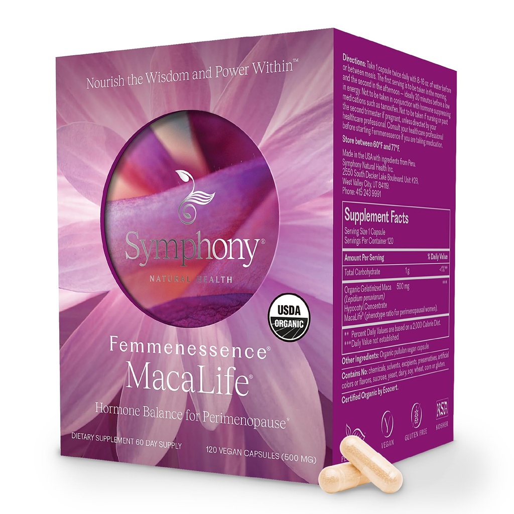Femmenessence® MacaLife® – Klinisch bewährte Perimenopausal-Ergänzung für natürliche Hormonbilanz, Symptomrelief, Herz- und Stimmungsunterstützung, ohne Zusatz von Hormonen (120 Kapseln, 60 Tage Versorgung)