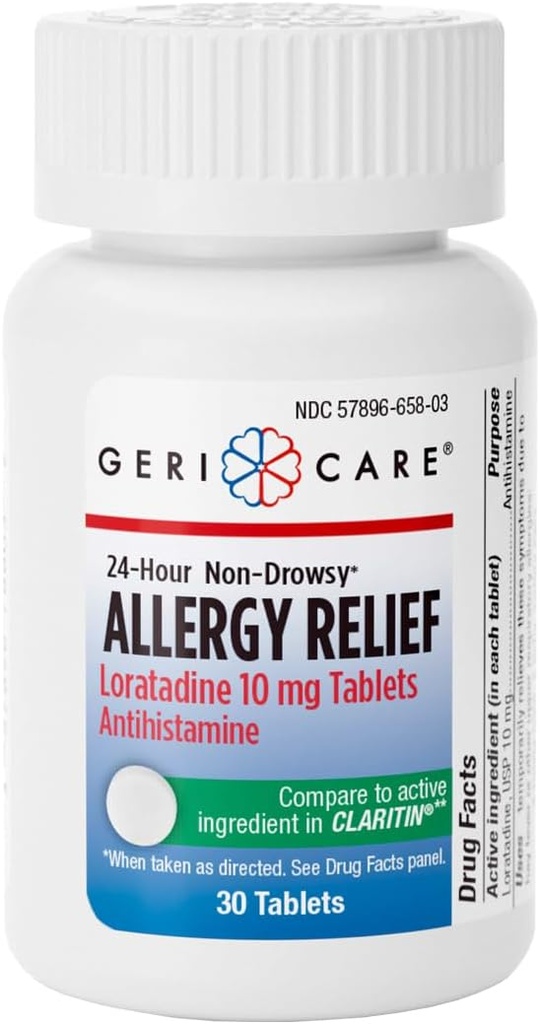 GeriCare Loratadine 10mg Non-Drowsy 24-Hour Allergy Relief, Antihistamine Allergy/Sinus Support Tablets für Runny Nose, Sneezing, Itchy, 30 Count, 1 Pack.