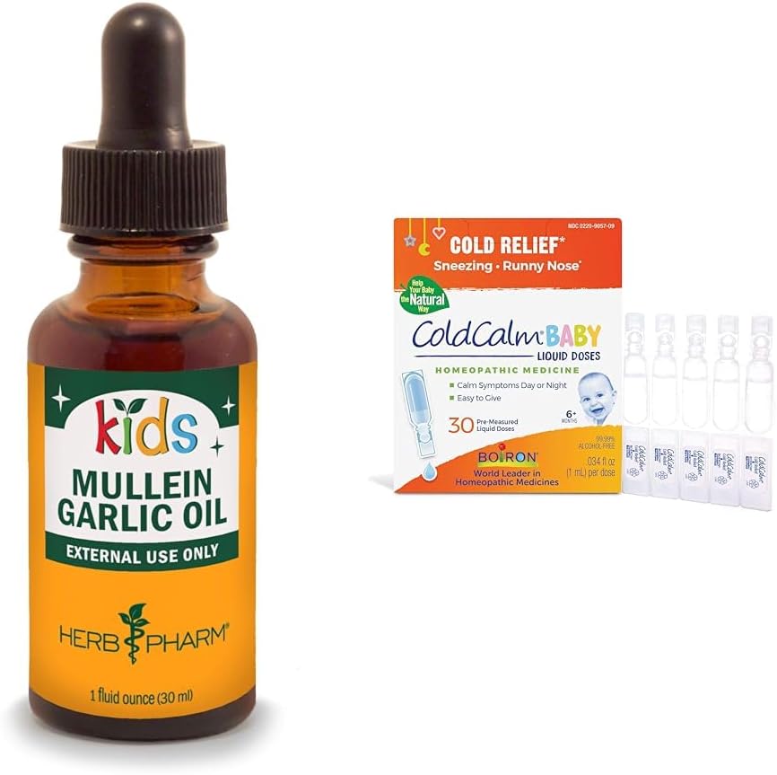 Kräuter Pharm Kids Mullein Knoblauch Öl und Boiron ColdCalm Baby Tropfen für kalte Symptome Relief, 1 Fl Oz und 30 Count