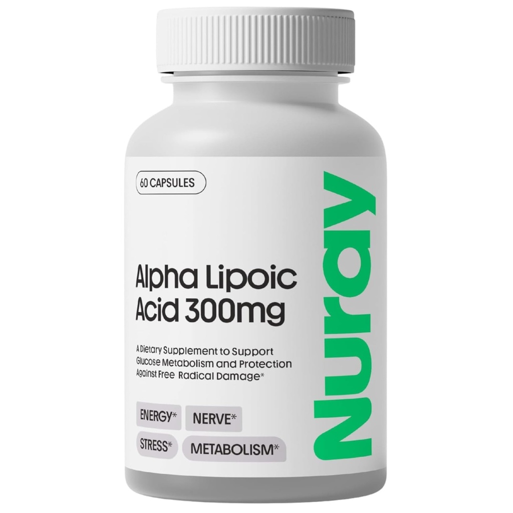 Nuray Alpha acide lipoïque 300mg - Supplément antioxydant pour le vieillissement en santé, soutient la production d'énergie, fonction nerveuse appropriée, métabolisme - 60 capsules végétariennes, supplément alimentaire sans gluten