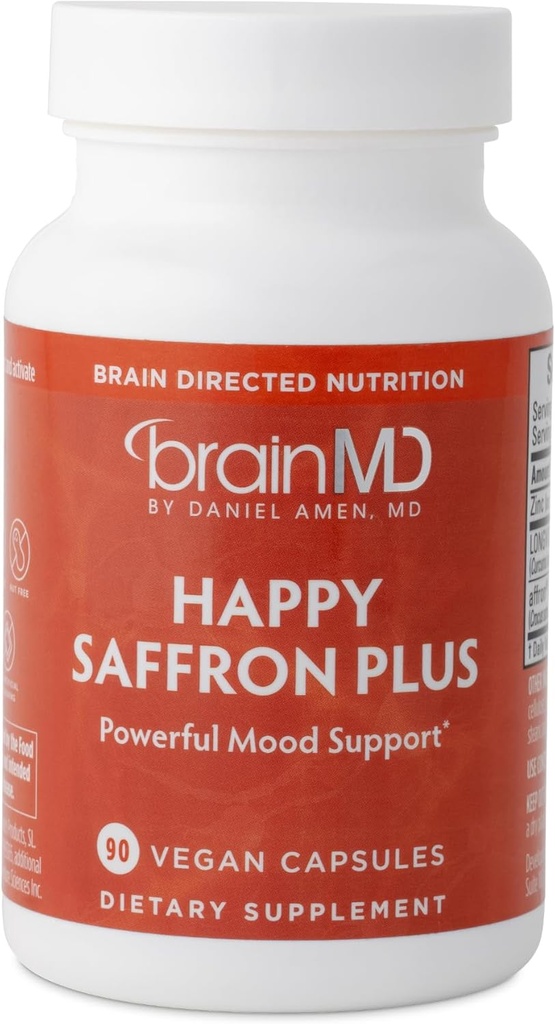 Dr Amen BrainMD Happy Saffron Plus - 90 Kapseln, Paket von 2 - Mit Safranblütenextrakt, Curcumin & Zink - Vegan, Glutenfrei - 60 Gesamt Servierungen