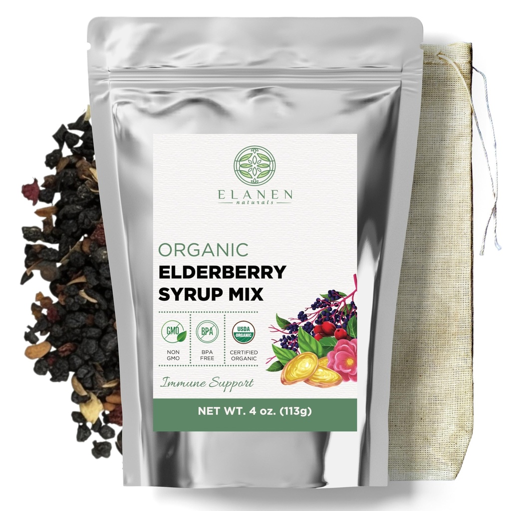 Elanen Naturals Organic Elderberry Syrup Kit, macht bis zu 24 Unzen, Enthält Natürliche Baumwolle Brew Bag, USDA Certified Organic Dried Elderberries and Immune Support Kräuter, Bulk Kit, 4 Unze (113g)