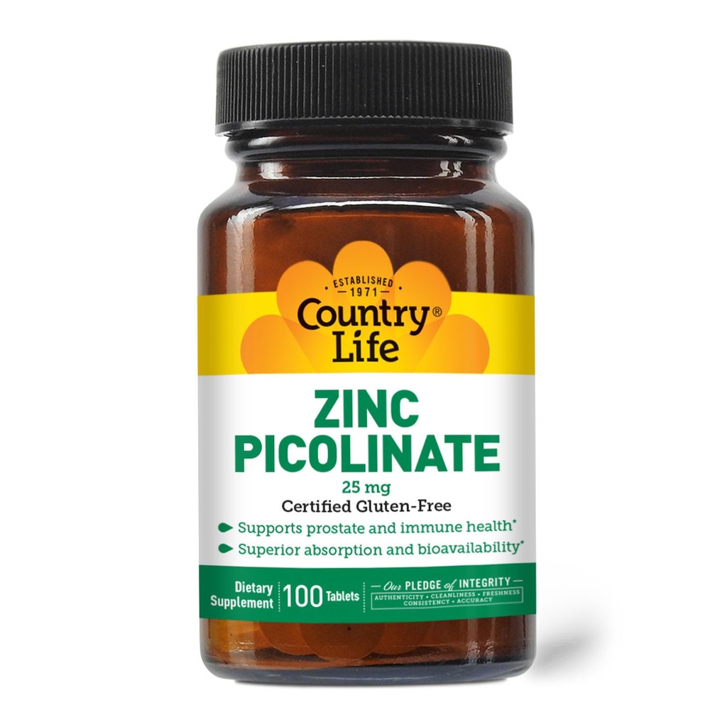 Country Life Zink Picolinate 25 mg - Überlegene Absorption Zink-Ergänzung für Immununterstützung, Prostata Gesundheit & Cellular Wellness - Certified Gluten-Free, Vegan & Halal, Non-GMO - 100 Tabletten