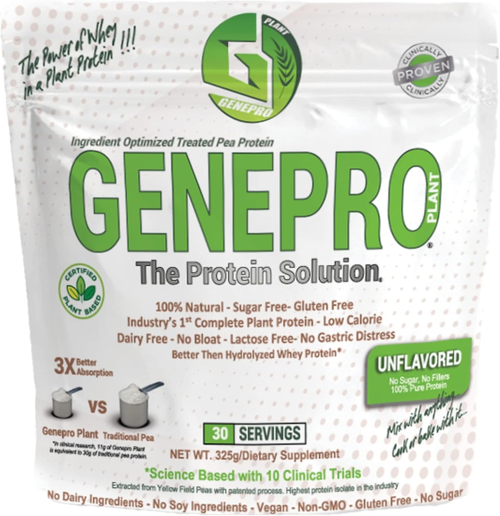 Genepro Unflavored Plant Based Protein Powder - Lactose-Free, Gluten-Free, & Non-GMO Pea Protein Supplement Shake (30 Portionen)
