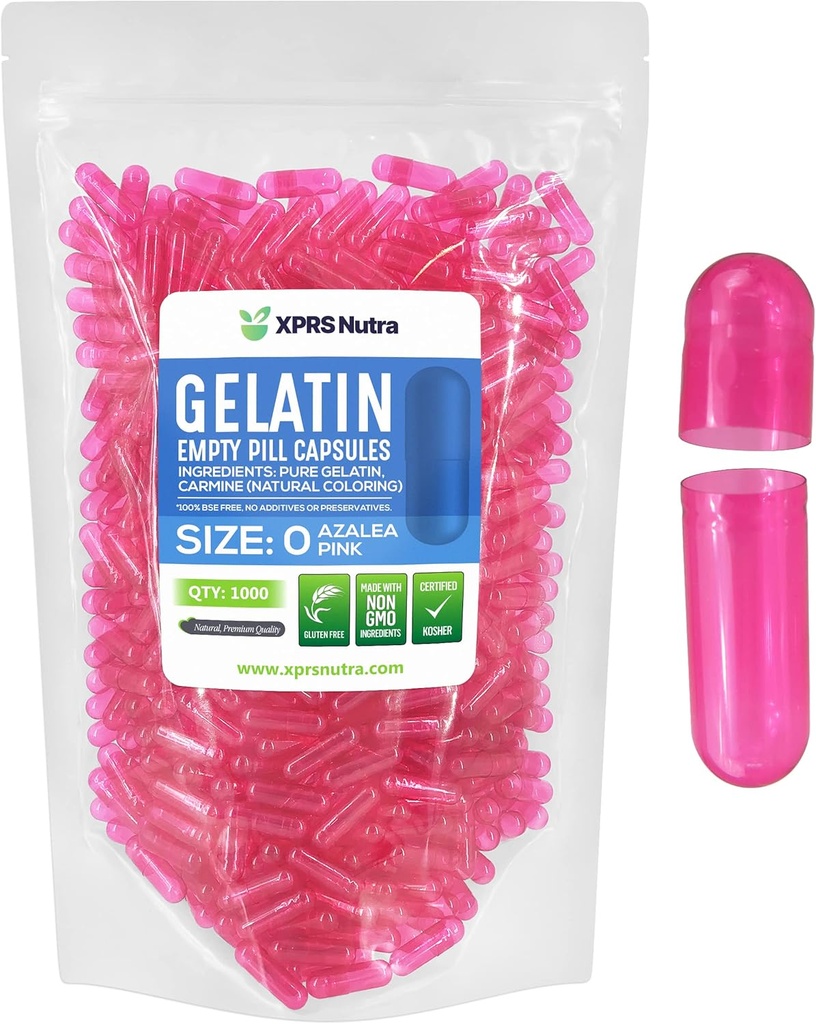 XPRS Nutra Größe 0 Leere Kapseln - 1000 Graf Leere Gelatine Kapseln - Pillen DIY Kapselfüllung - Pure Bovine Pille Gel Kapseln für Do-It-Yourself Ergänzungen (Azalea Pink)