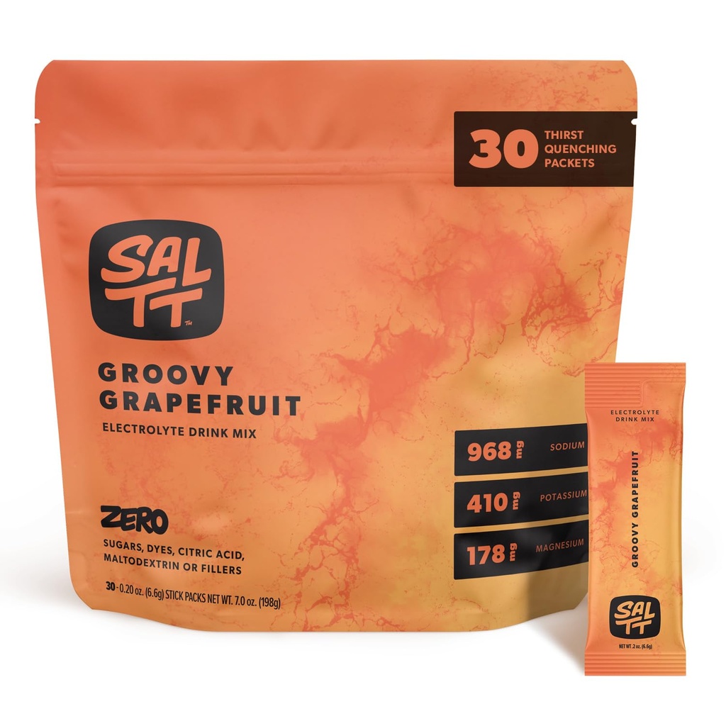 SALTT Electrolytes en poudre Mélange de boissons aromatisées - Pamplemousse Groovy - 30 packs d'hydratation - Magnésium, potassium, sodium, minéraux traces - Zéro sucre et sans gluten - Essentiels de voyage