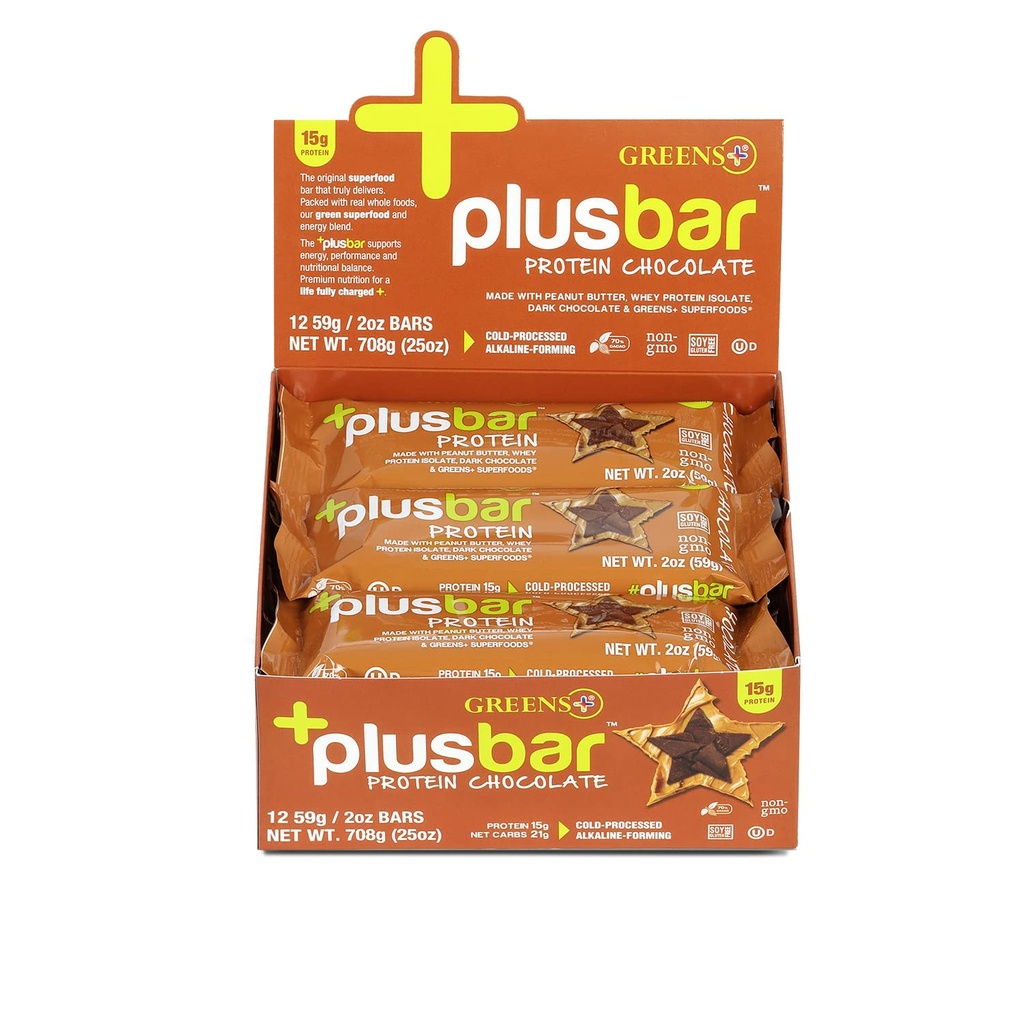 Greens+ Plusbar Protein, Dark Chocolate, 15g Whey Protein Isolate, Glutenfreie Snack mit Bio Super Greens & Superfoods, Vegan, Dairy-Free, Non-GMO, Meal Replacement, 12 Pack