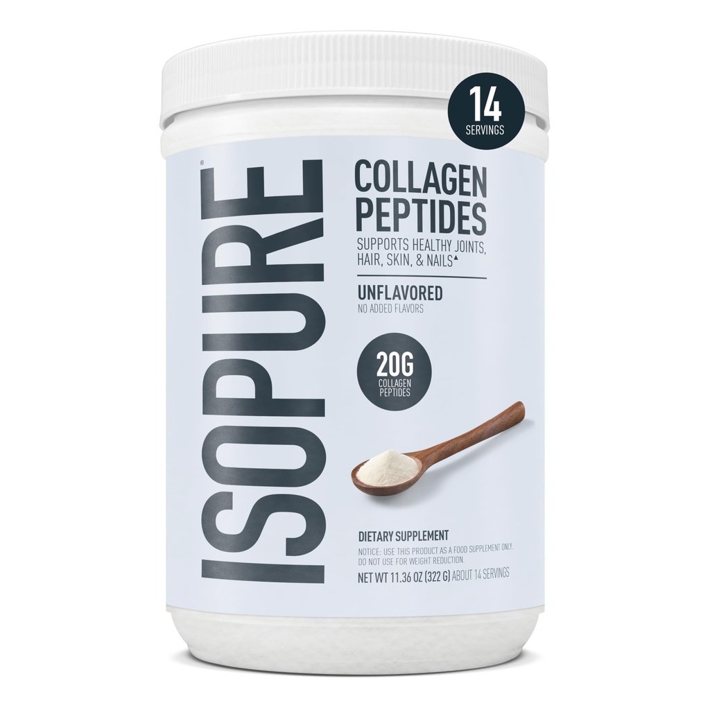 Isopure Collagen Peptide Pulver, fördert Haar, Nagel, Haut und Gelenke Gesundheit, mit Vitamin C und Biotin, Unflavored, 20g Collagen Peptides Per Serving, 11.36 Oz, 14 Servings (Packaging May Vary)