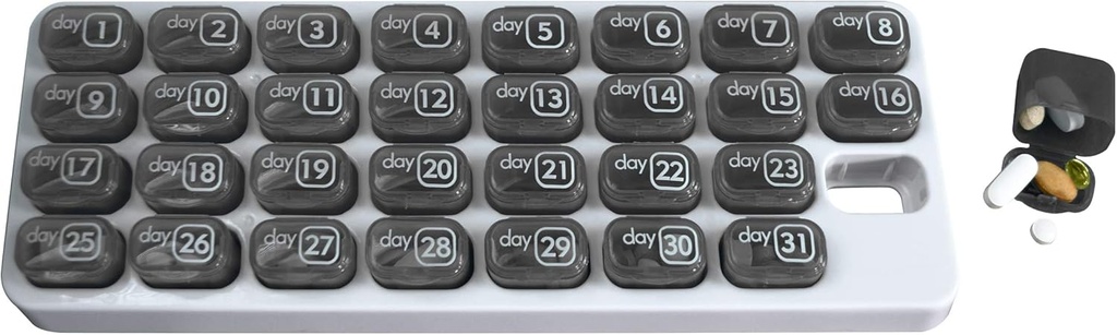 Monatliche Med Organizer mit 31 tägliche abnehmbare Pillen Pods für Zuhause, Arbeit, Reisen, nummerierte Pillen für Nahrungsergänzungsmittel und Vitamine (grau)
